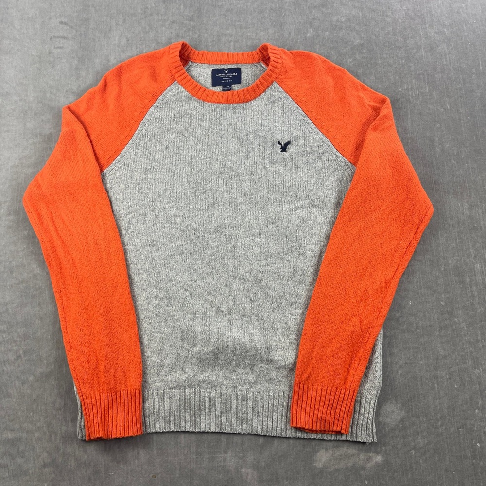 American Eagle Men Medium Gray Orange Sweater Raglan Colorblock Pullover